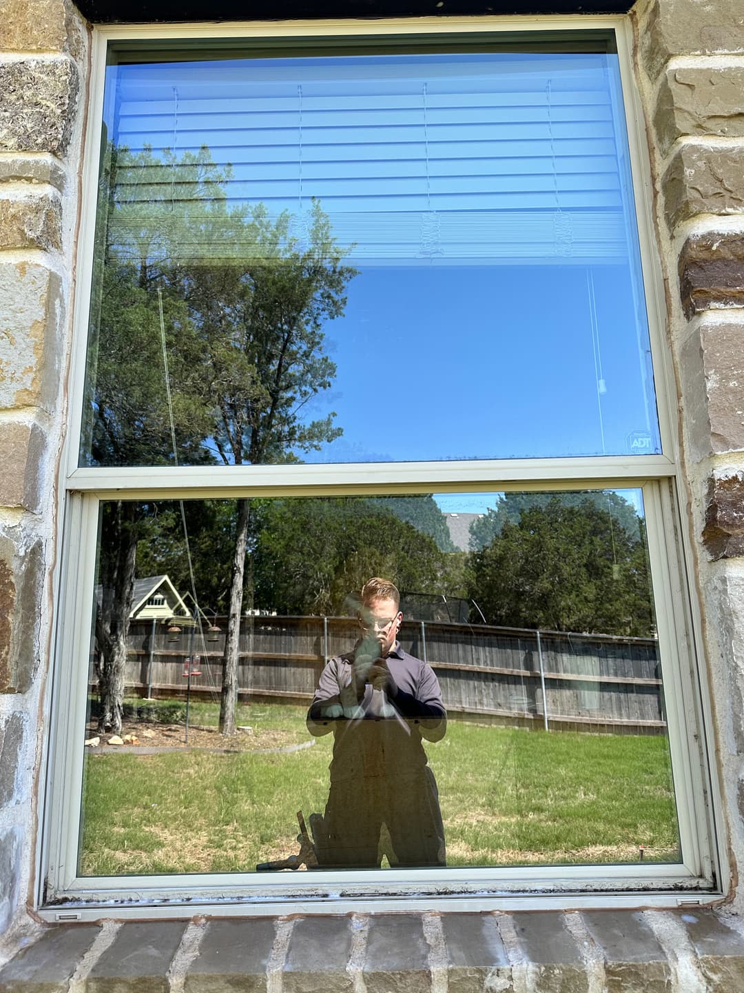 Person holding a cat reflected in a window with green trees and blue sky outside.