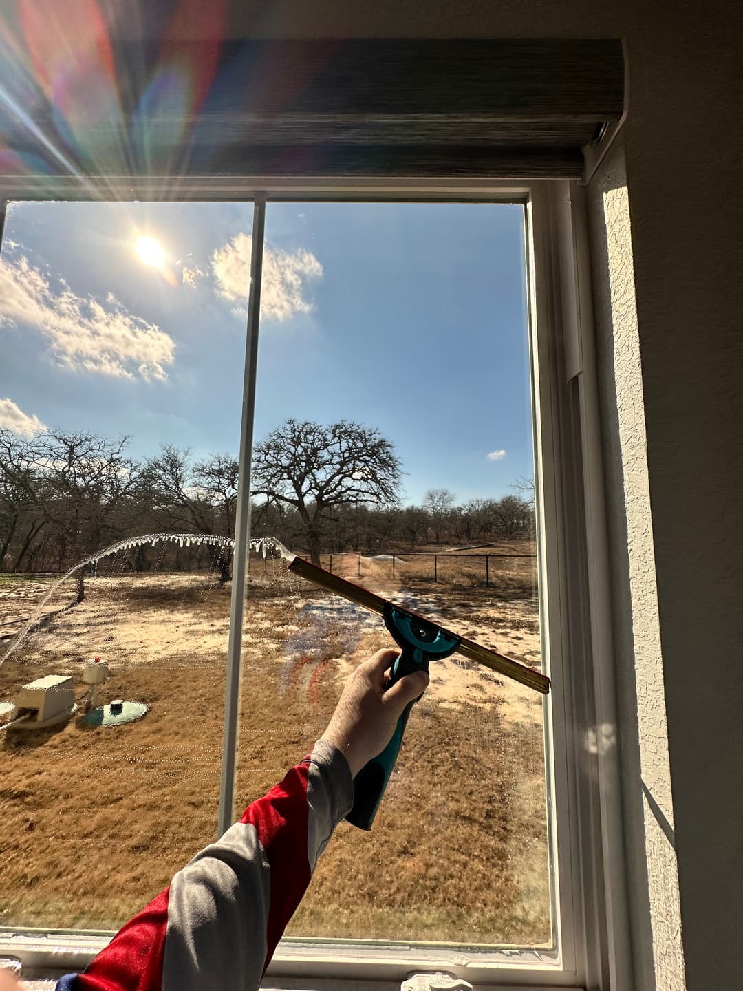 Person using a window squeegee to clean a large window with a sunny outdoor view.