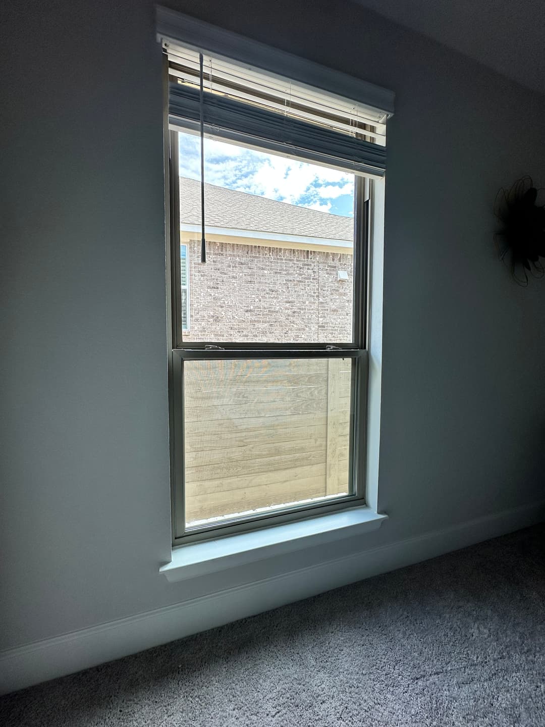Bright window view with blinds, showcasing an outdoor scene and natural light in a room.