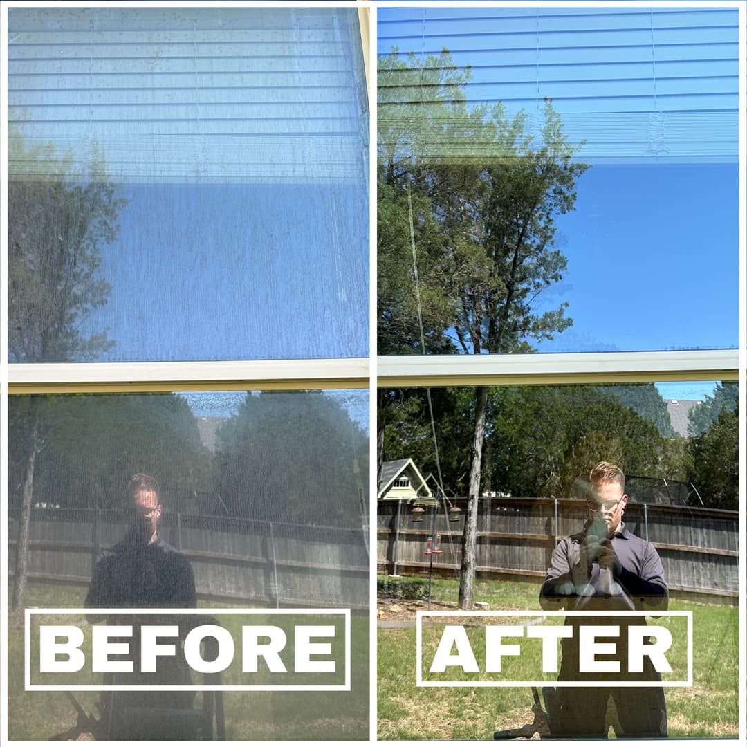 Window cleaning results showing a clear view on the right and dirty glass on the left.