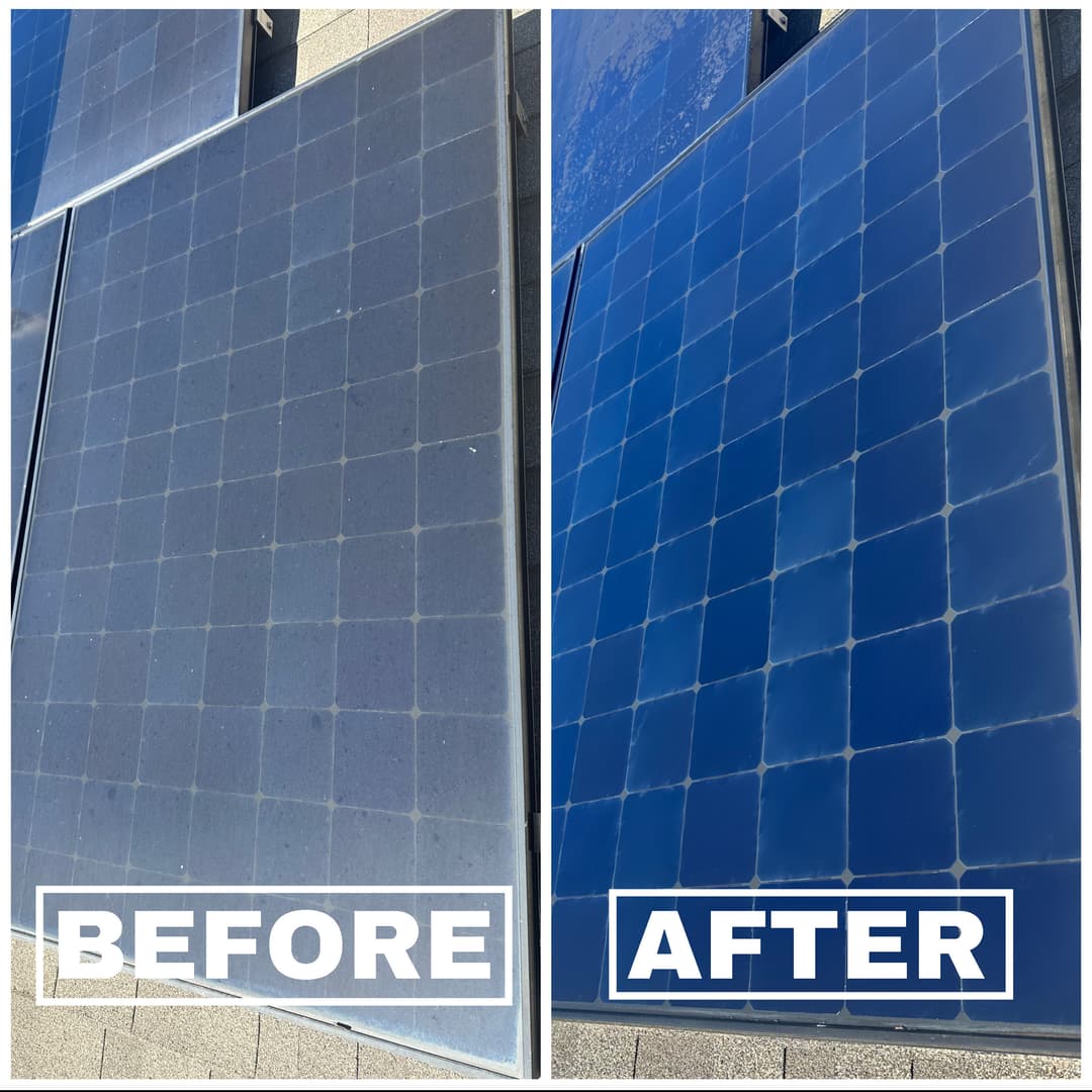 Before and after images of solar panels showcasing significant cleaning results.