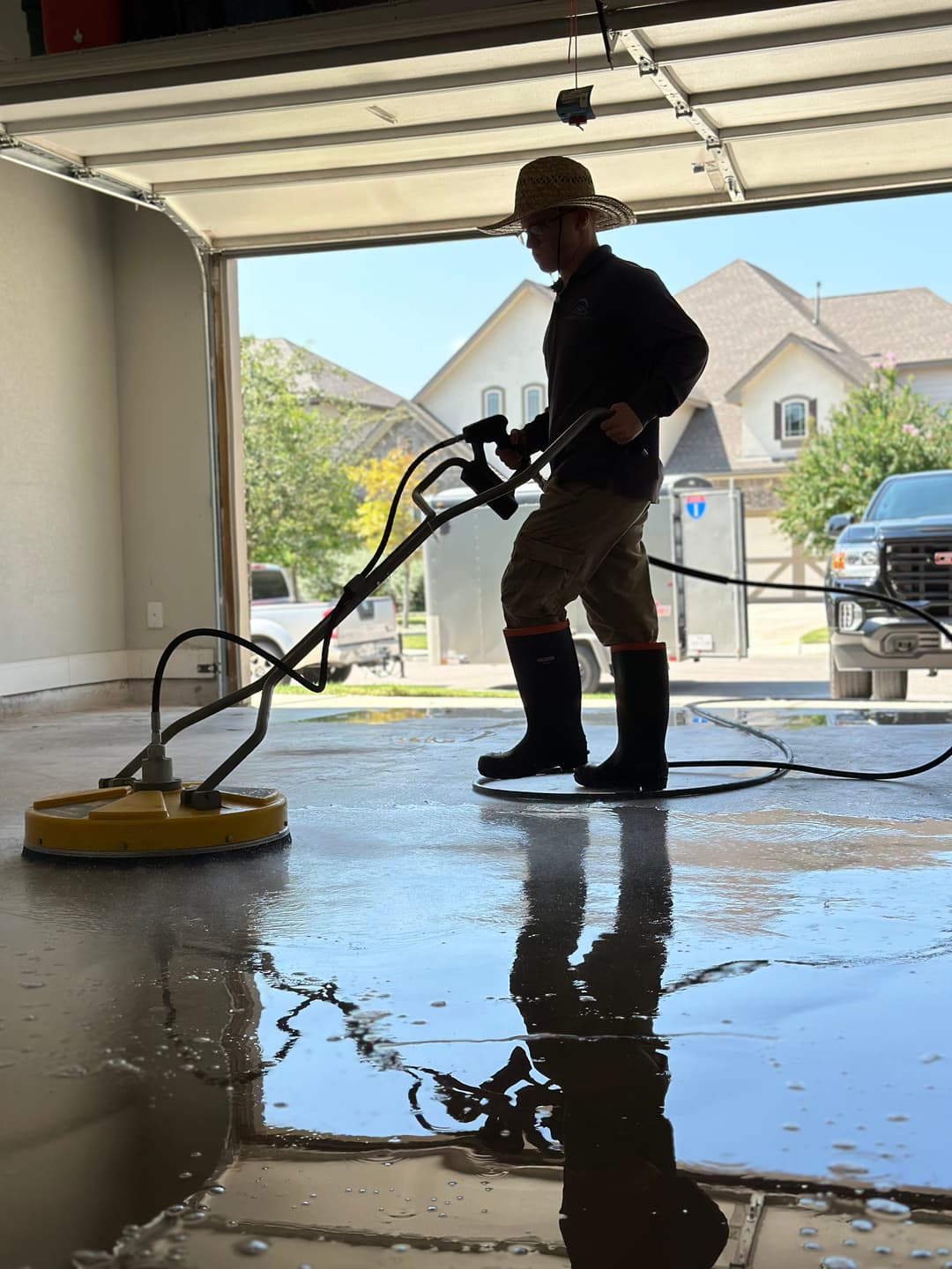 Person cleaning a garage floor with a pressure washer, reflecting in water on the surface.