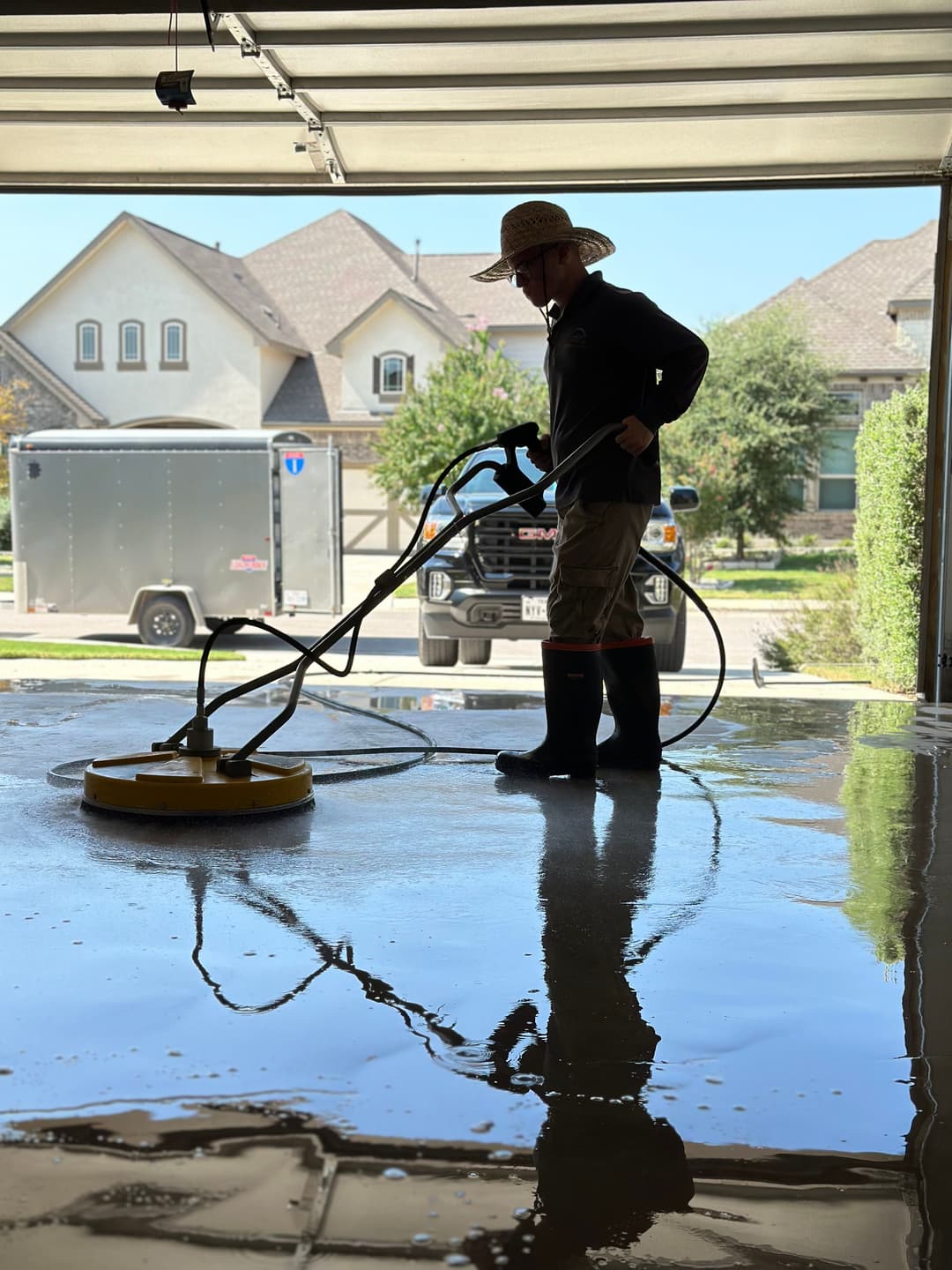 Person using a floor grinder to clean a concrete garage floor on a sunny day.