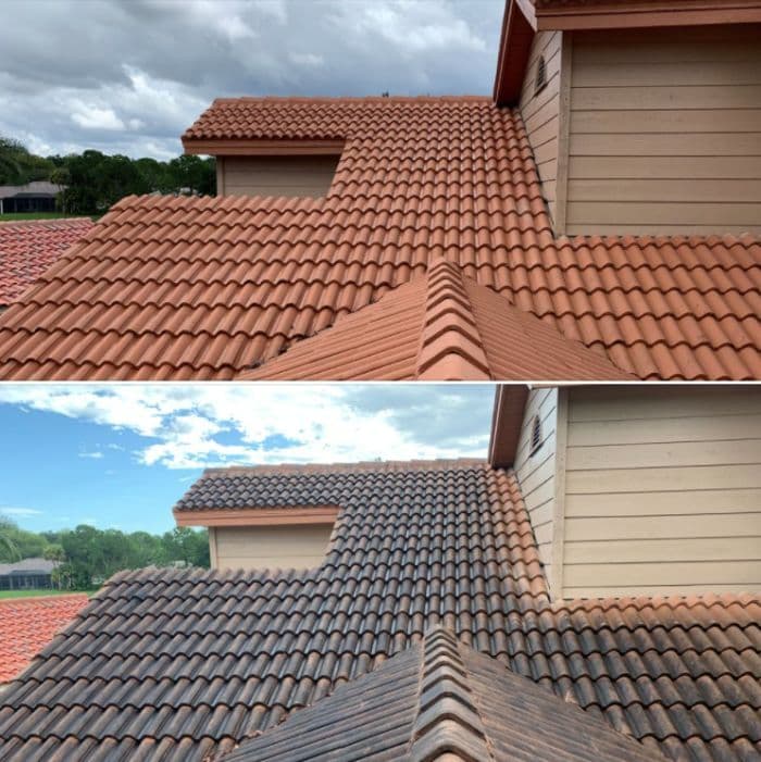 Before and after roof cleaning showcasing vibrant tiles and improved home aesthetics.