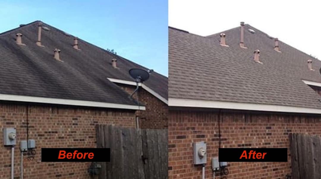 Roof restoration comparison showing before and after results with improved shingles and aesthetic.