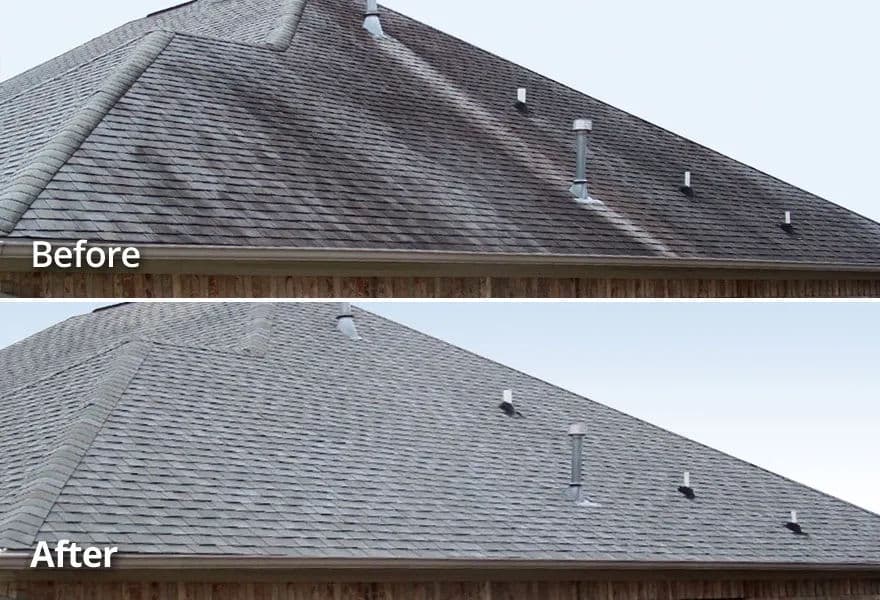 Roof cleaning before and after comparison showcasing improved appearance and condition.