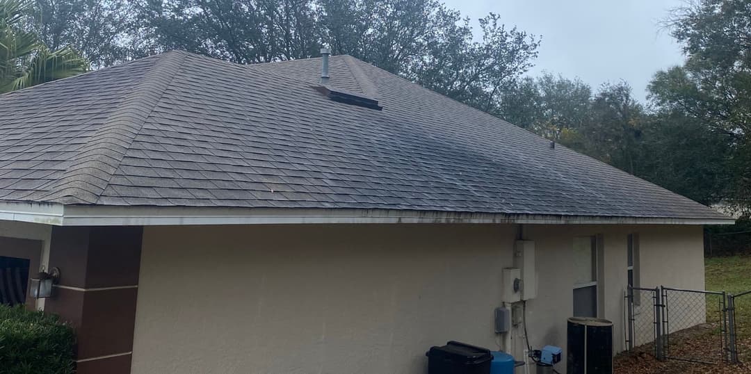 Roof with shingles showing wear, adjacent to a beige house and green foliage.