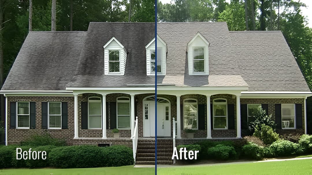 Before and after house exterior transformation showcasing roof cleaning and landscaping improvements.